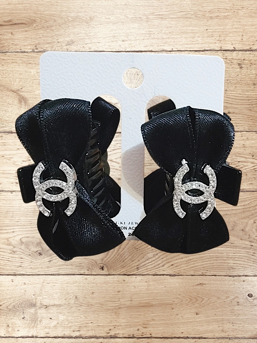 Black Bow Hair Clips with Sparkling Logo Accent